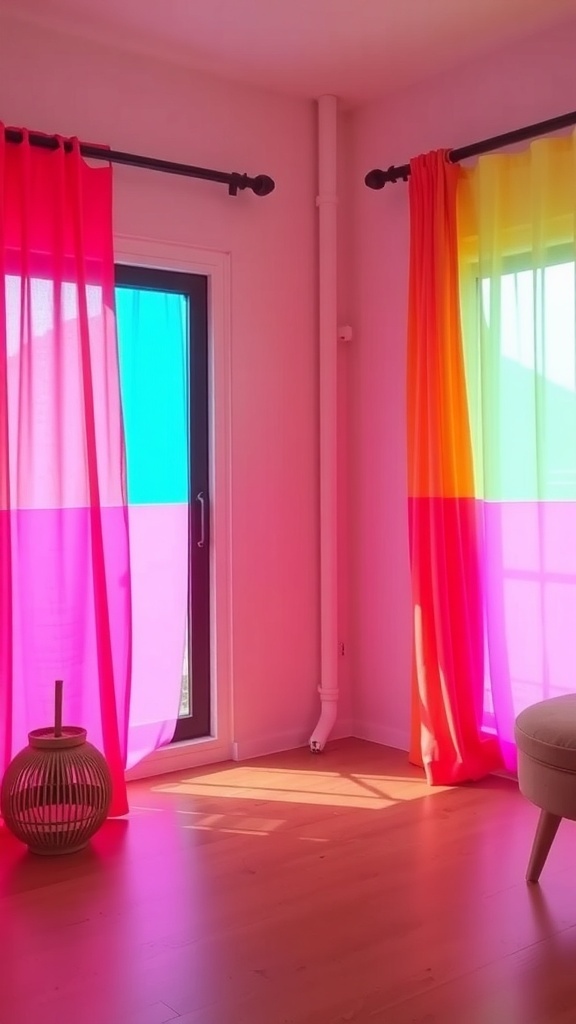 Bright pink and yellow sliding door curtains in a modern room with wooden flooring.