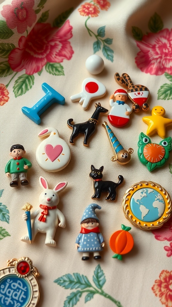 A collection of colorful and quirky brooches displayed on a floral fabric.