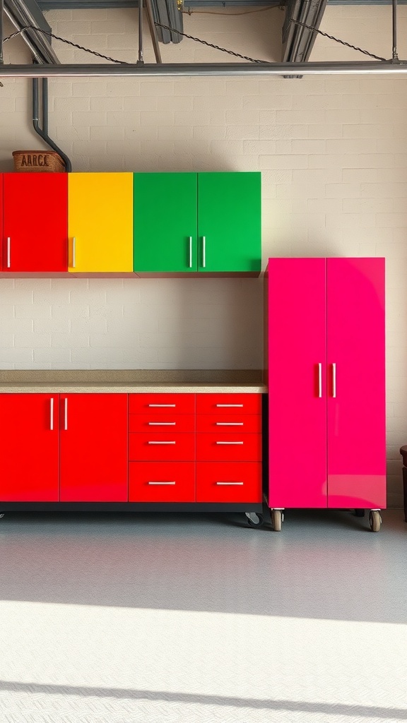 Colorful garage cabinets in red, yellow, green, and pink
