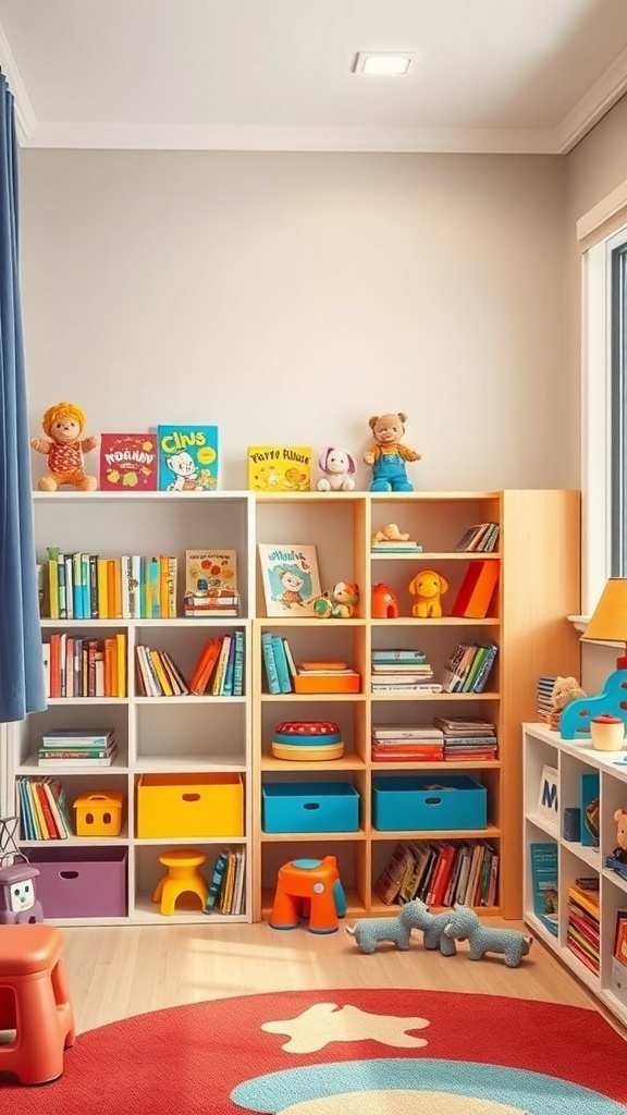 Colorful corner shelves in a kids' room filled with books and toys