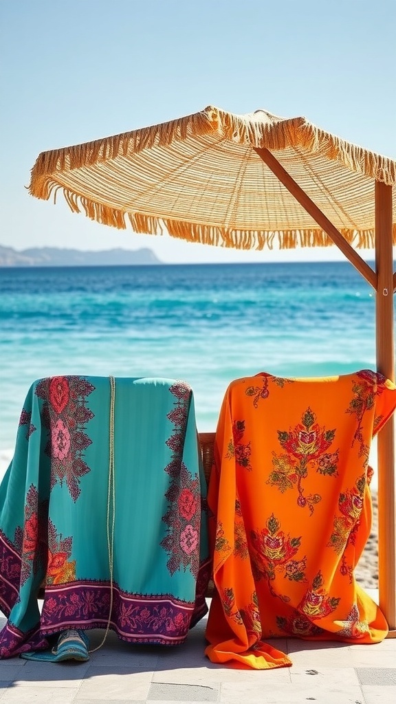 Colorful beach cover-ups displayed on lounge chairs by the ocean