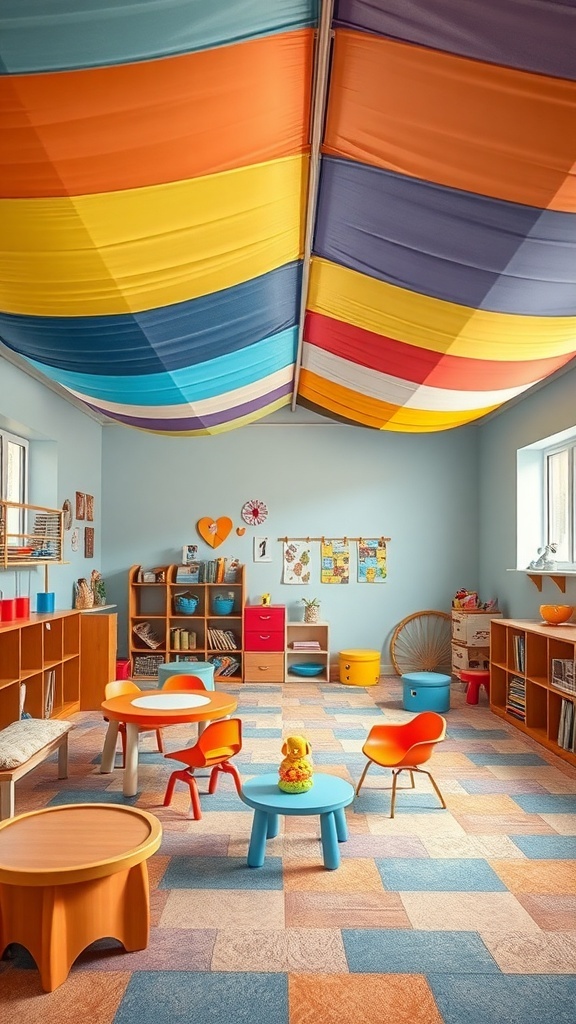 A room with a colorful fabric ceiling featuring orange, yellow, and blue panels, complemented by bright furniture.