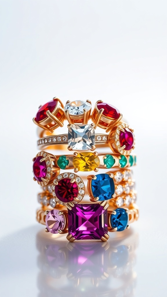 A collection of colorful gemstone rings stacked together, featuring various shapes and vibrant colors.