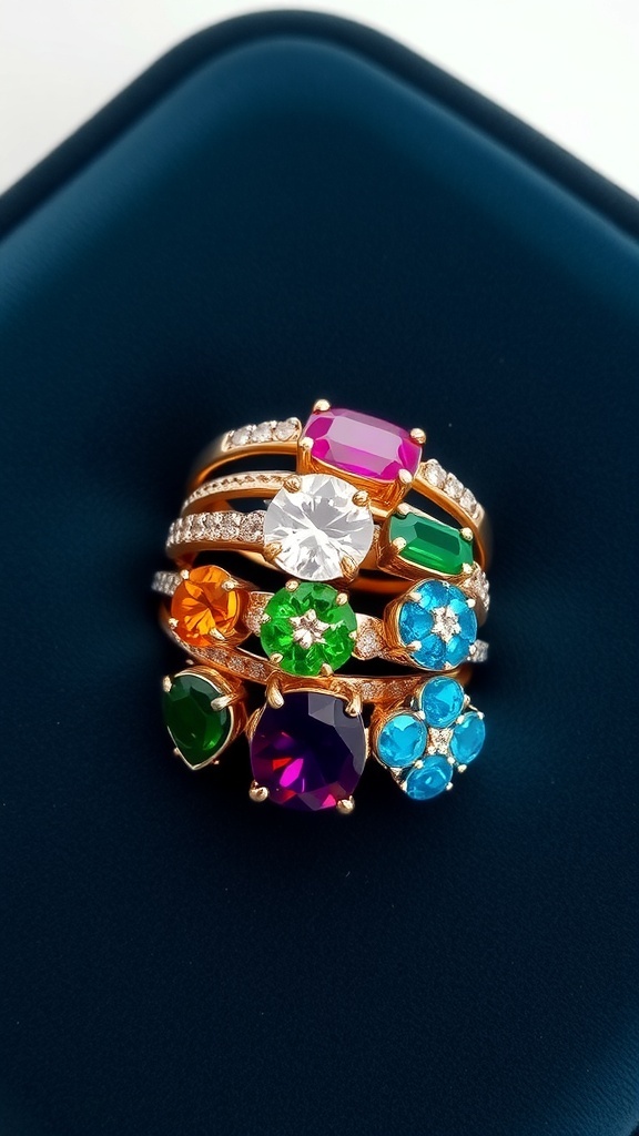 A collection of colorful gemstone stacking rings featuring various vibrant stones.