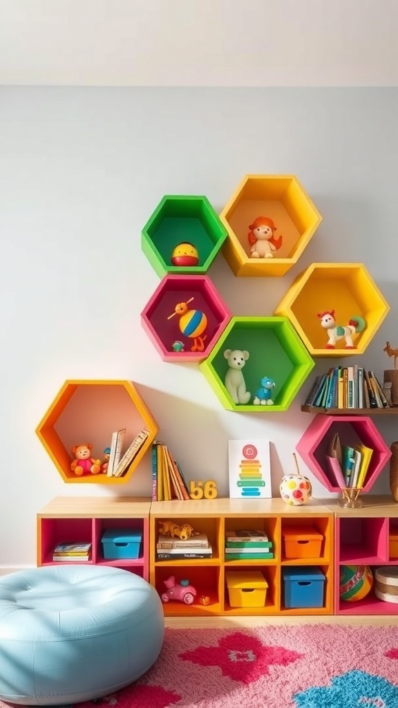 Colorful hexagon shelves in a kids' room filled with toys and books