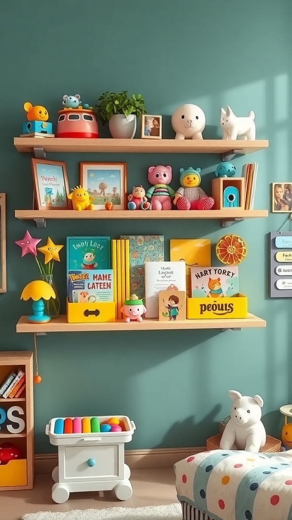 Colorful floating shelves in a kids' room filled with toys, books, and decorative items.