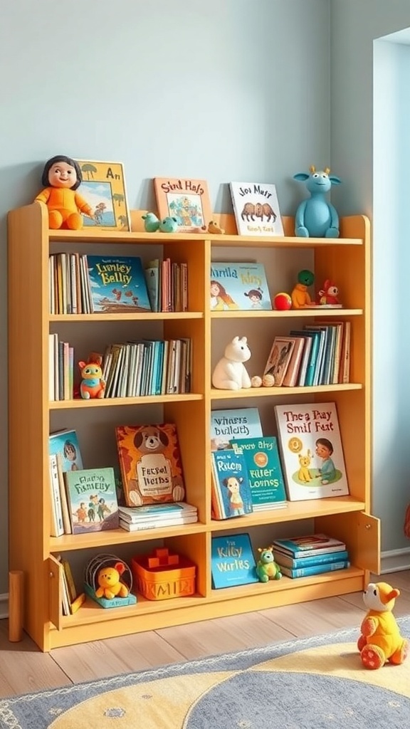 A colorful low bookshelf filled with children's books and toys in a bright room.