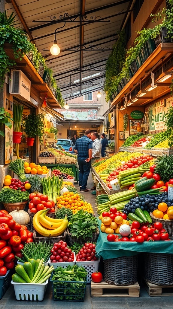 A vibrant Italian market with colorful stalls filled with fresh fruits and vegetables.