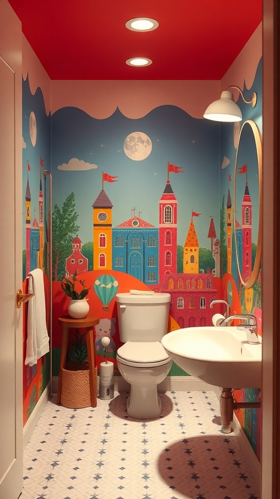 A colorful mural in a bathroom featuring whimsical buildings and hot air balloons, with a bright red ceiling.