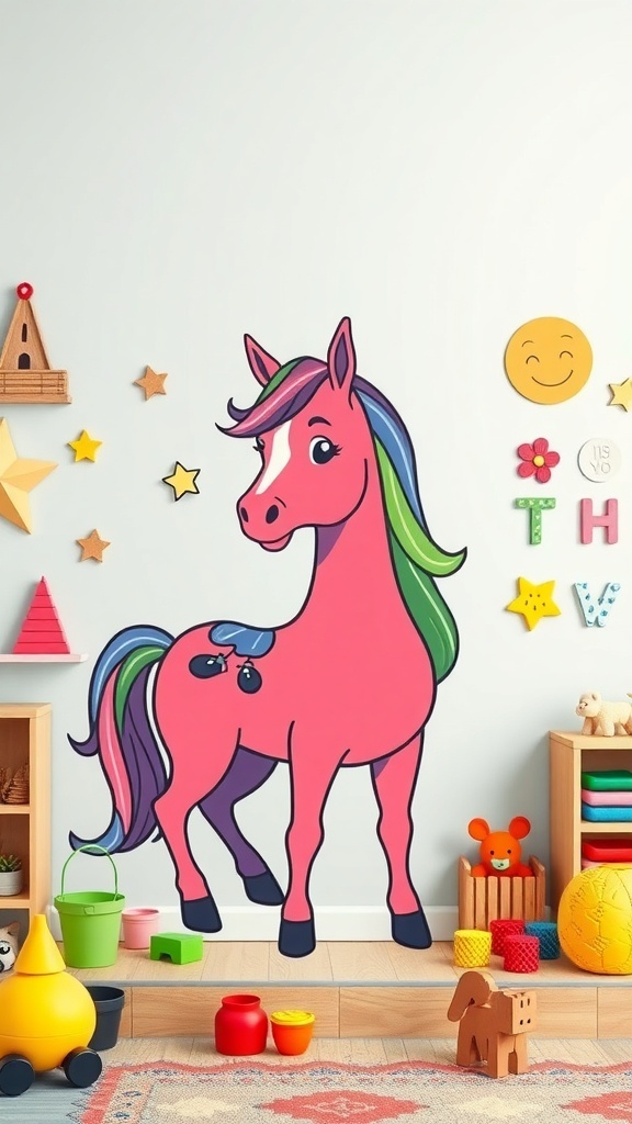 A colorful painted pony on a wall with stars and playful decorations.