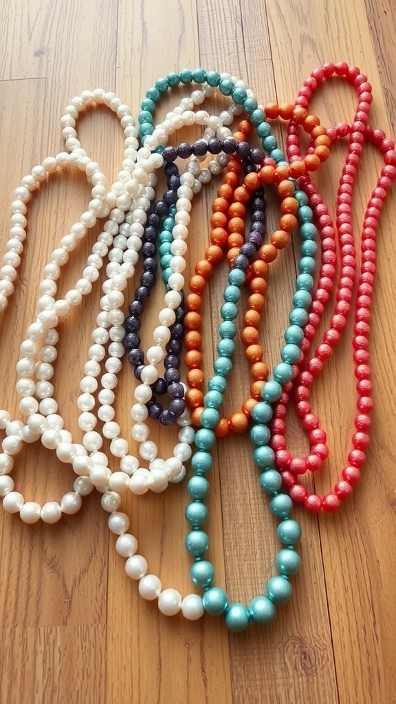 An assortment of colorful pearl necklaces in various shades laid out on a wooden surface.