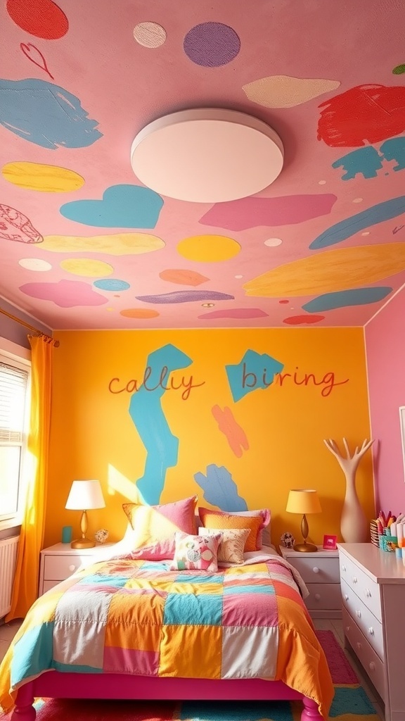 A colorful pop ceiling in a bright bedroom with playful paint splashes.