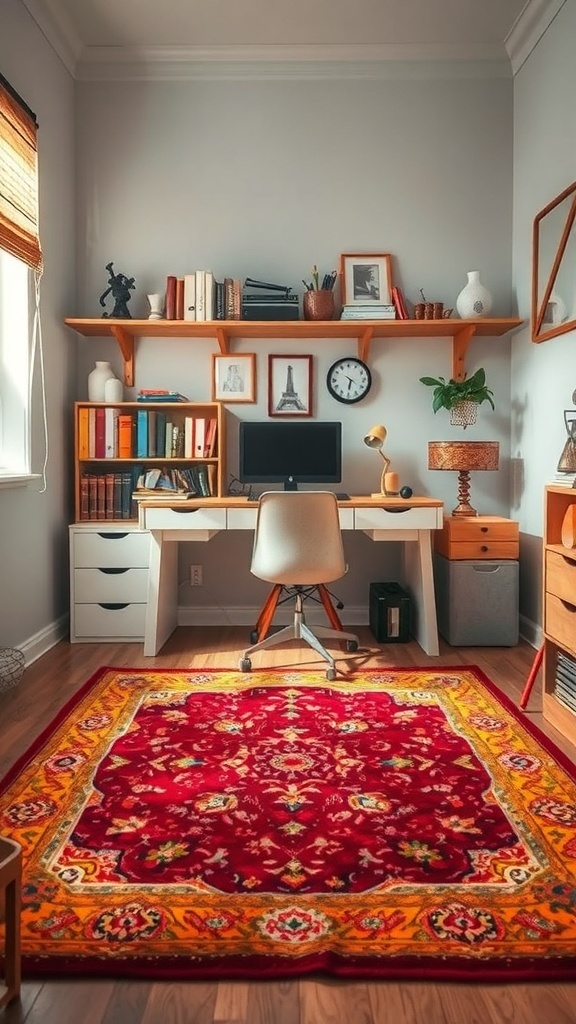 A cozy study room featuring a colorful rug with intricate patterns, a desk, and bookshelves.