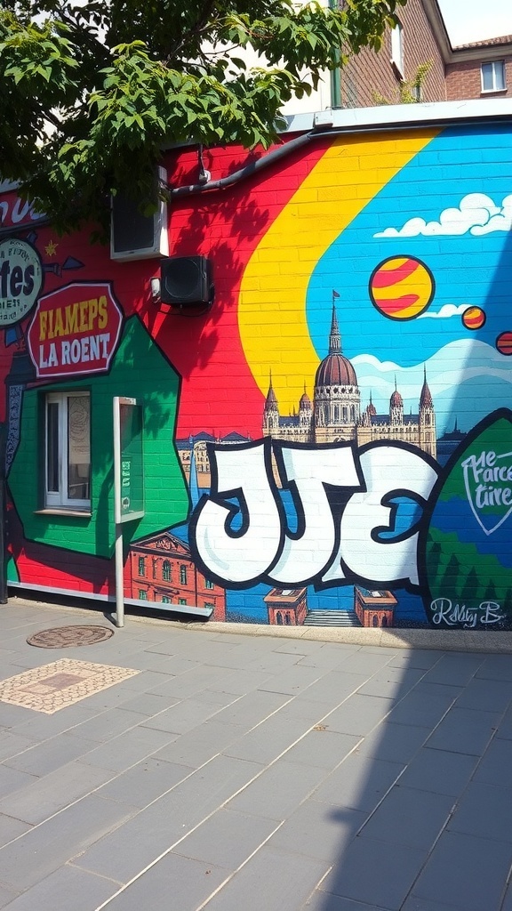 Colorful street art mural in Budapest featuring iconic landmarks and vibrant designs.