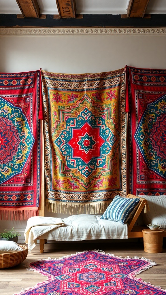 Colorful tapestries hanging on a wall, showcasing intricate designs and vibrant colors.