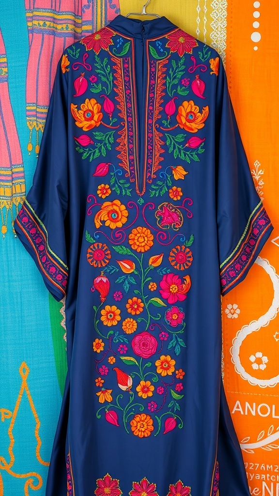Embroidered navy abaya with colorful floral designs