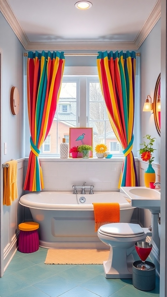 Colorful tie-back curtains in a bright bathroom setting