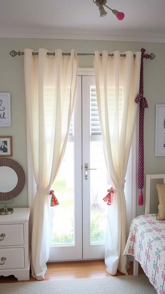 Light curtains tied back with colorful tie-backs in a cozy room