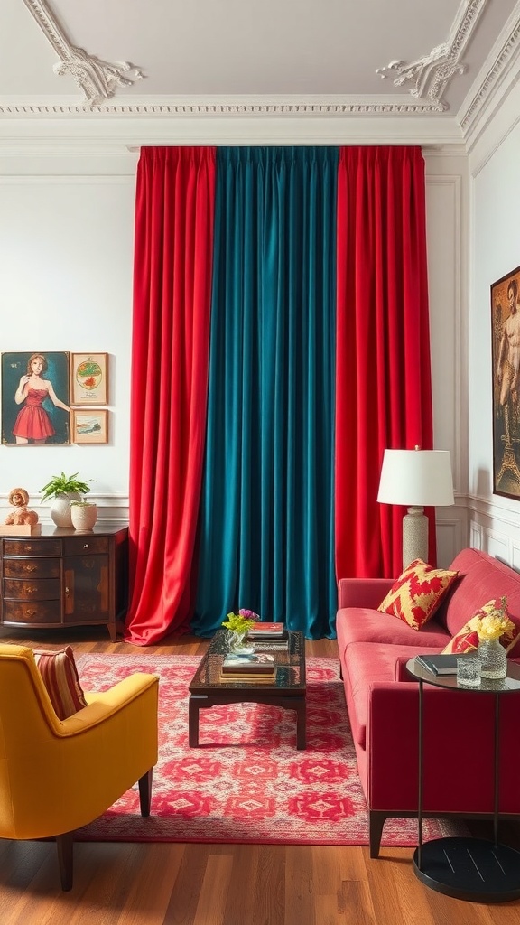 A living room featuring colorful velvet curtains in red and teal, with a yellow chair and a patterned rug.