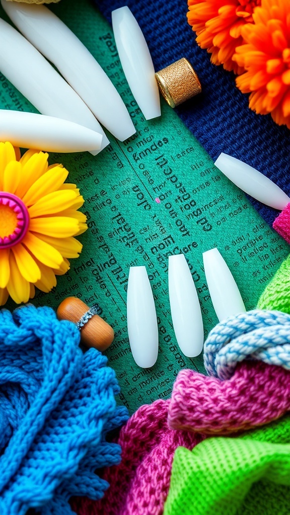 White chrome nail tips surrounded by colorful flowers and fabrics