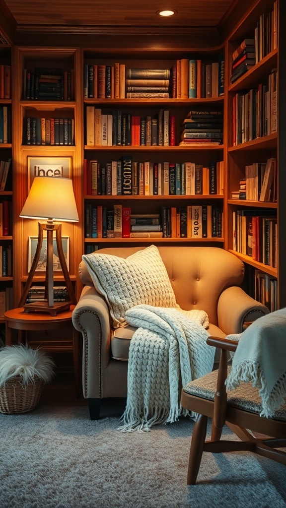 Cozy reading nook with a corner chair, warm lighting, and bookshelves