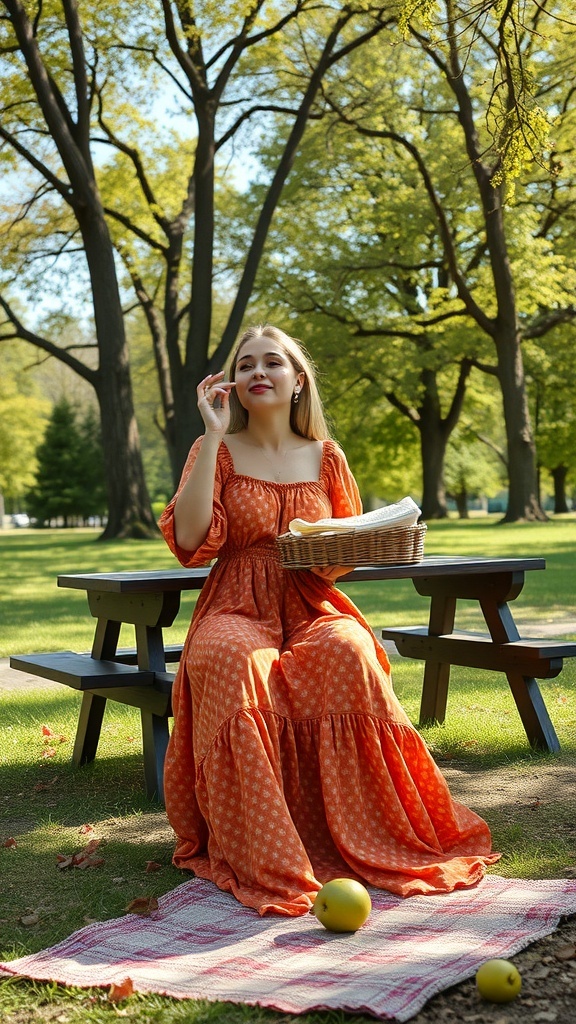 A woman in a vibrant orange long frock sitting on a picnic blanket in a park, enjoying a sunny day.