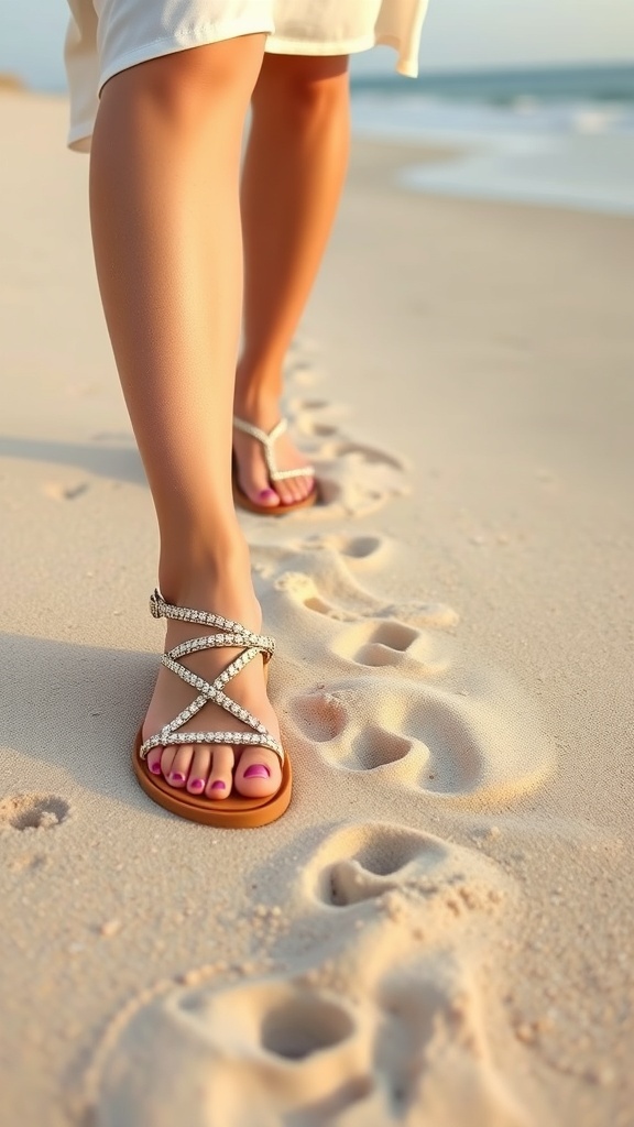 A close-up of stylish sandals on a sandy beach, leaving footprints behind.