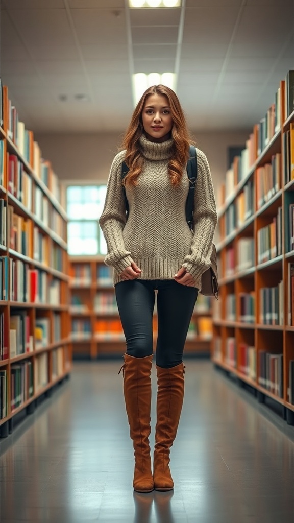 A student wearing a cozy knit sweater, leggings, and knee-high boots in a library.
