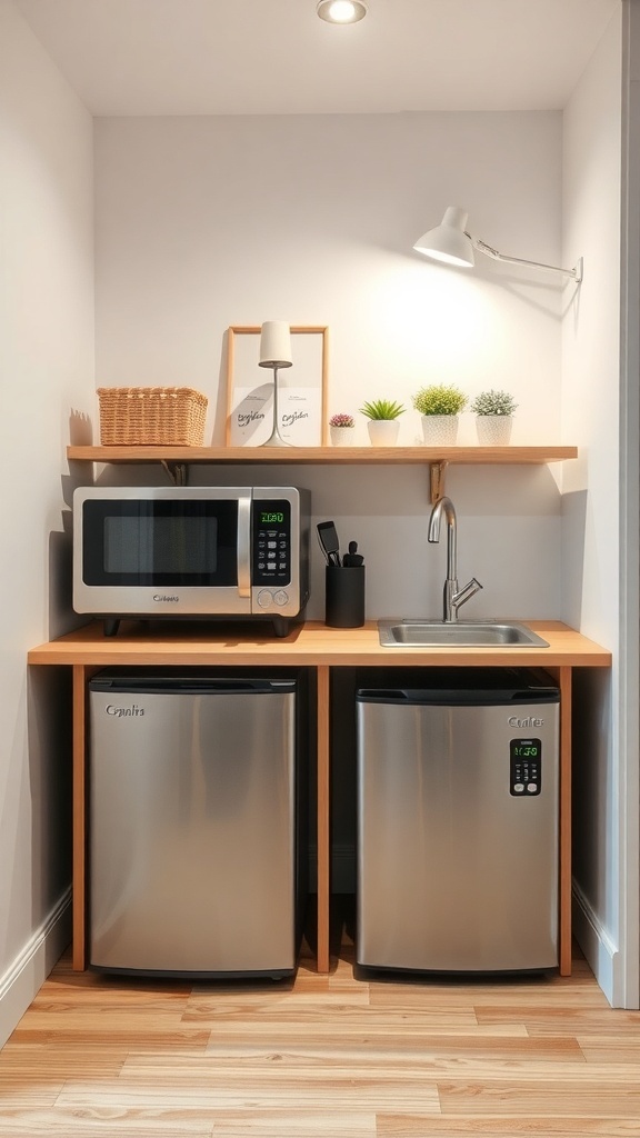 A compact kitchen setup featuring a microwave, two mini-fridges, and a small sink on a wooden counter.