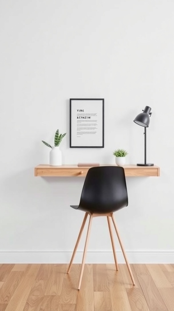 A minimalist floating desk setup with a black chair, desk lamp, and plants.