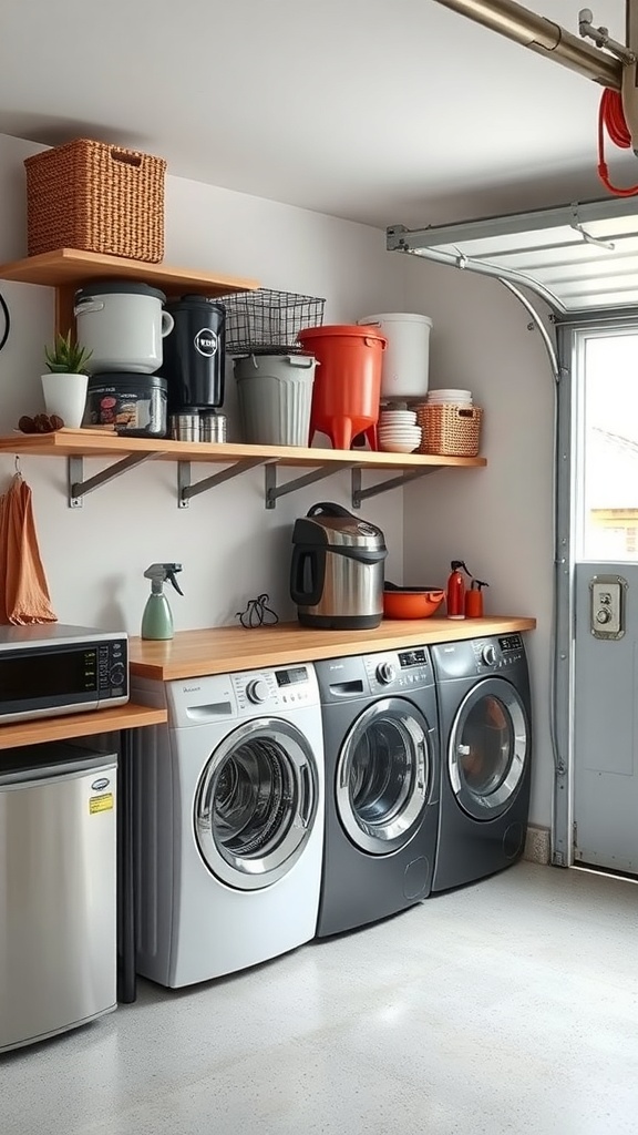 A compact garage laundry area with stacked washer and dryer, shelves with storage baskets, and a countertop.