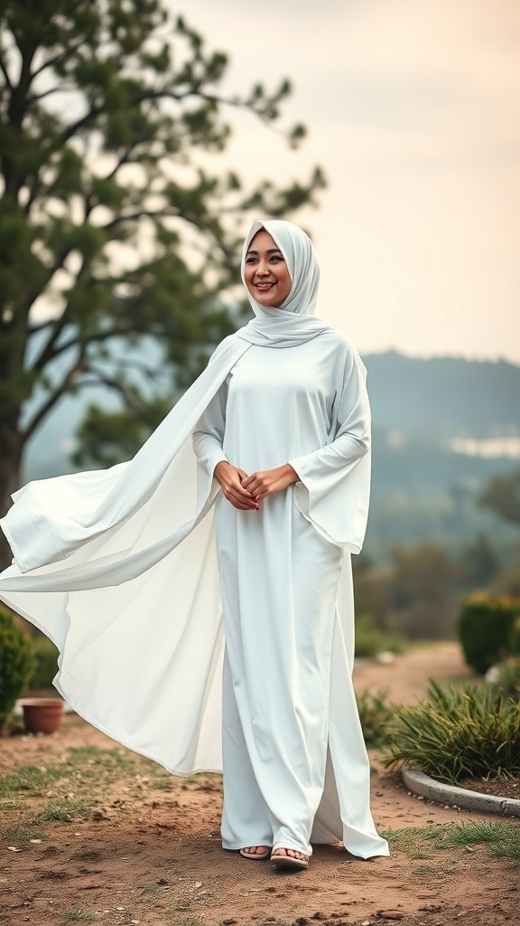 A woman wearing a white abaya with a contemporary cape design, standing outdoors.