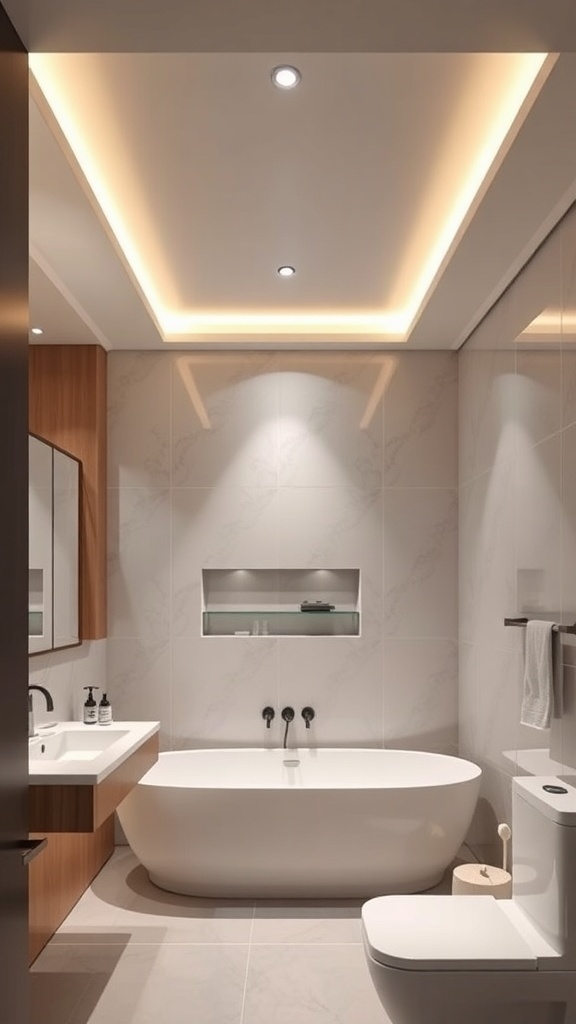 Modern bathroom with a contemporary drop ceiling featuring integrated lighting.