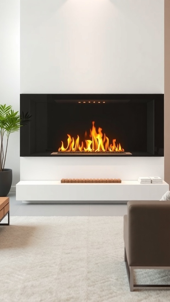 A contemporary gas fireplace with a glass surround, featuring flames and a minimalist design.