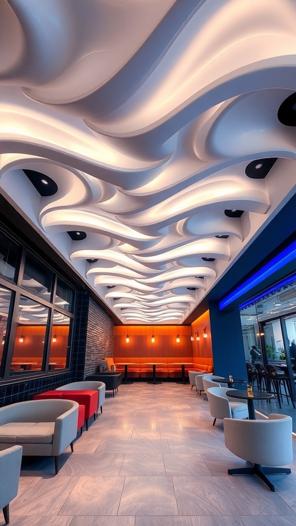 A modern interior with a wave design PVC ceiling and soft lighting.