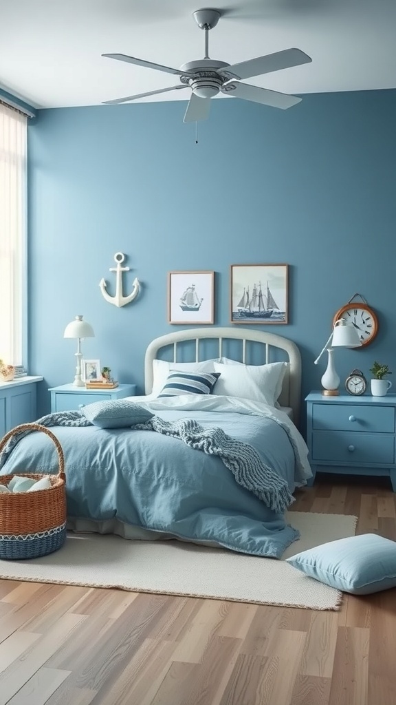 A serene bedroom with light blue walls, cozy bedding, and nautical-themed decor.