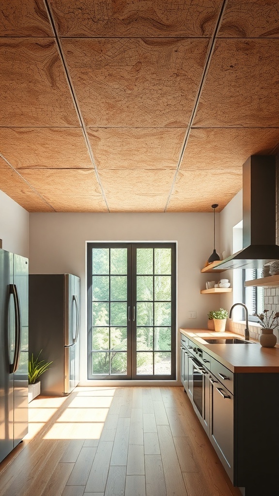 A modern kitchen featuring cork ceiling tiles, large windows, and sleek appliances.
