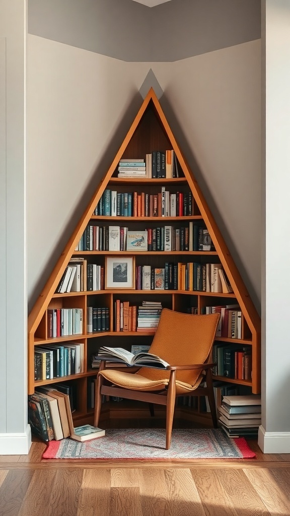 A stylish corner bookshelf in a triangular shape filled with books, next to a comfortable chair and a rug.