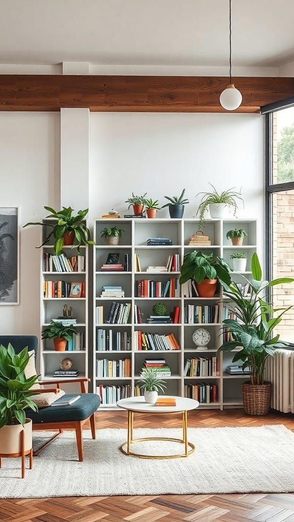 A stylish corner shelf filled with books and plants, acting as a room divider.