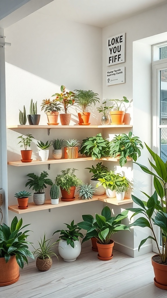 A corner wall shelf filled with various indoor plants in terracotta pots, showcasing a vibrant green display.