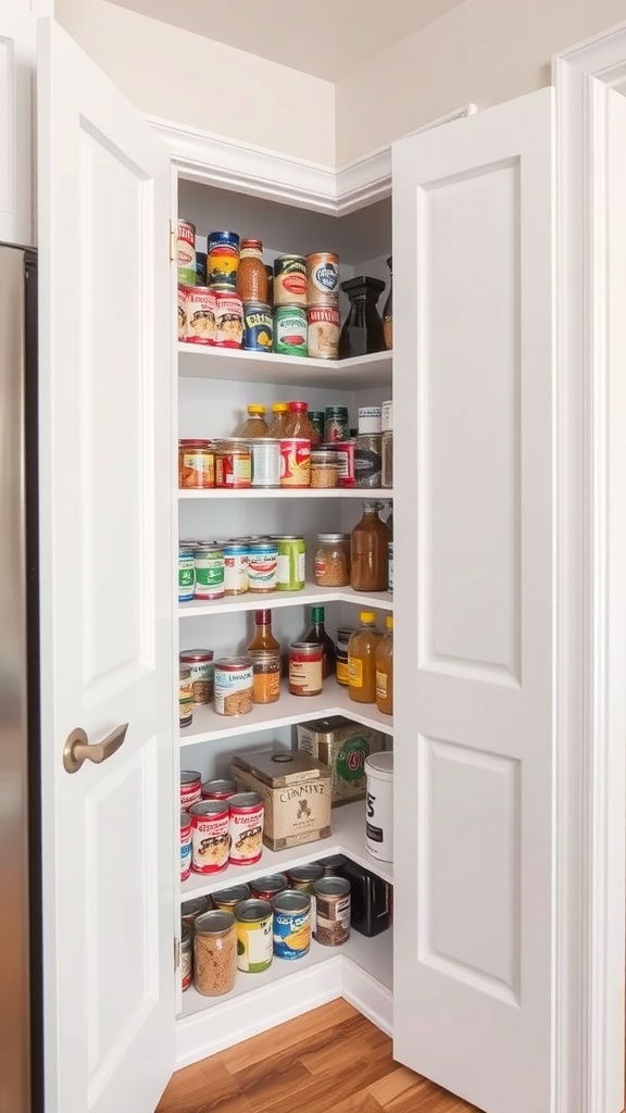 Organized pantry closet with corner shelves displaying various jars and cans.