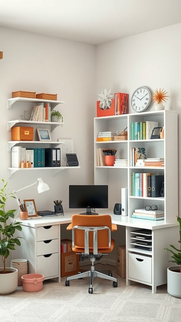 A well-organized home office featuring corner shelves with books, plants, and decorative items.
