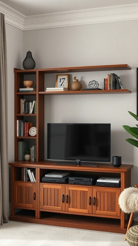 A corner TV cabinet made of wood with shelving for books and decor, featuring a TV on top.