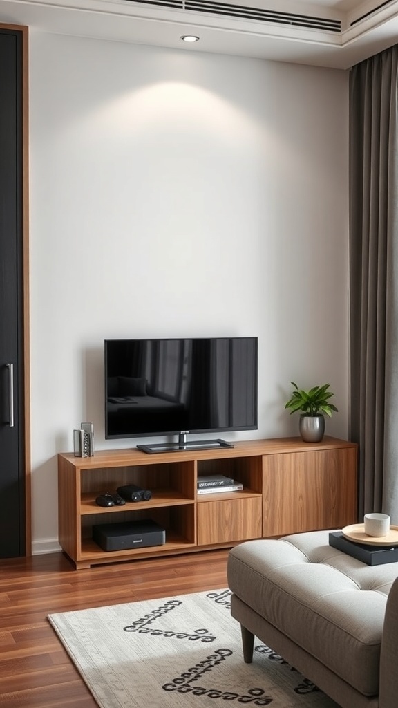 A modern corner TV unit with a television, decorative plant, and storage space.