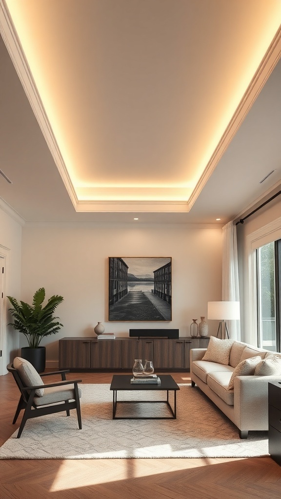 A modern living room featuring cove lighting integrated with ceiling molding, creating a warm and inviting atmosphere.