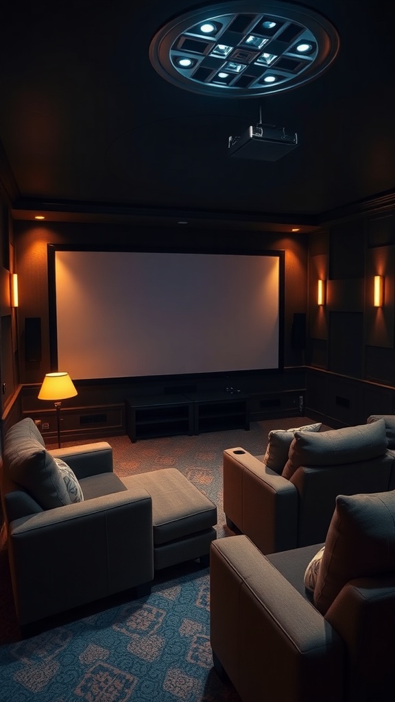 Cozy home theater setup with comfortable seating and a projector.