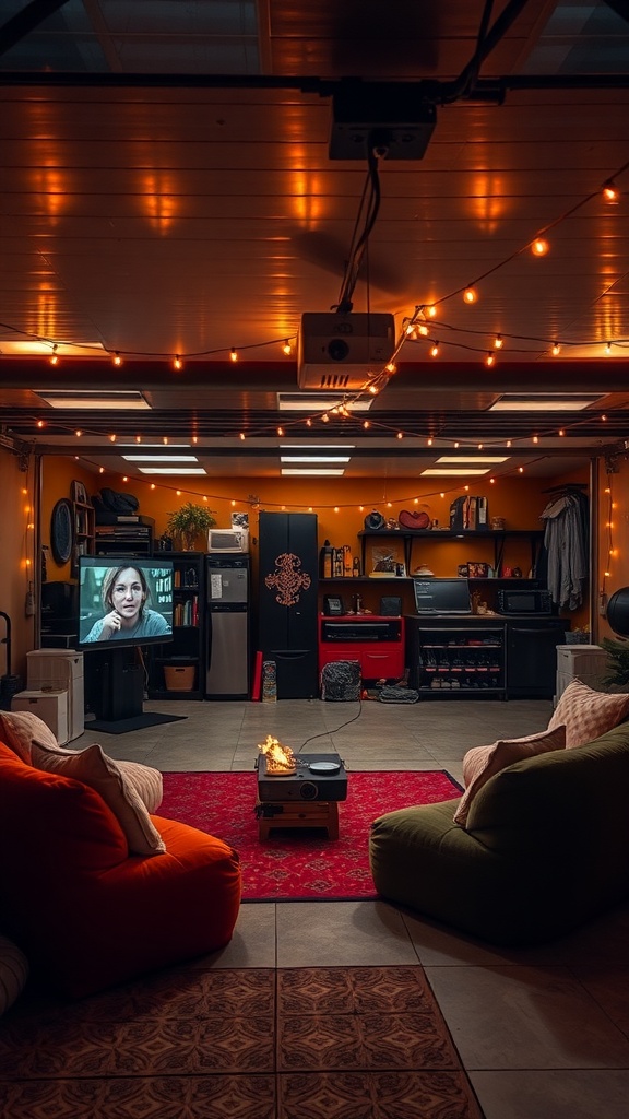 A cozy garage setup for a movie night with string lights, bean bags, a projector, and a small fire pit.