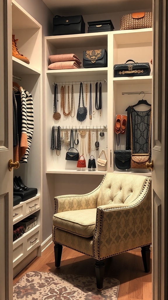 A cozy nook in a closet featuring neatly arranged accessories, bags, and a comfortable chair.