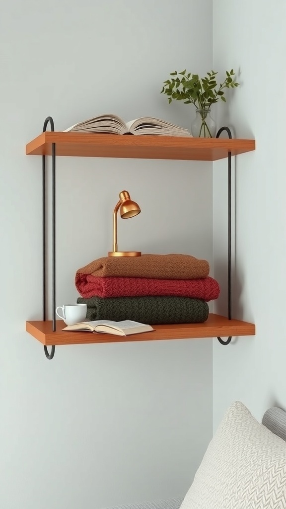 A cozy reading nook featuring a floating shelf with books, blankets, and a lamp.