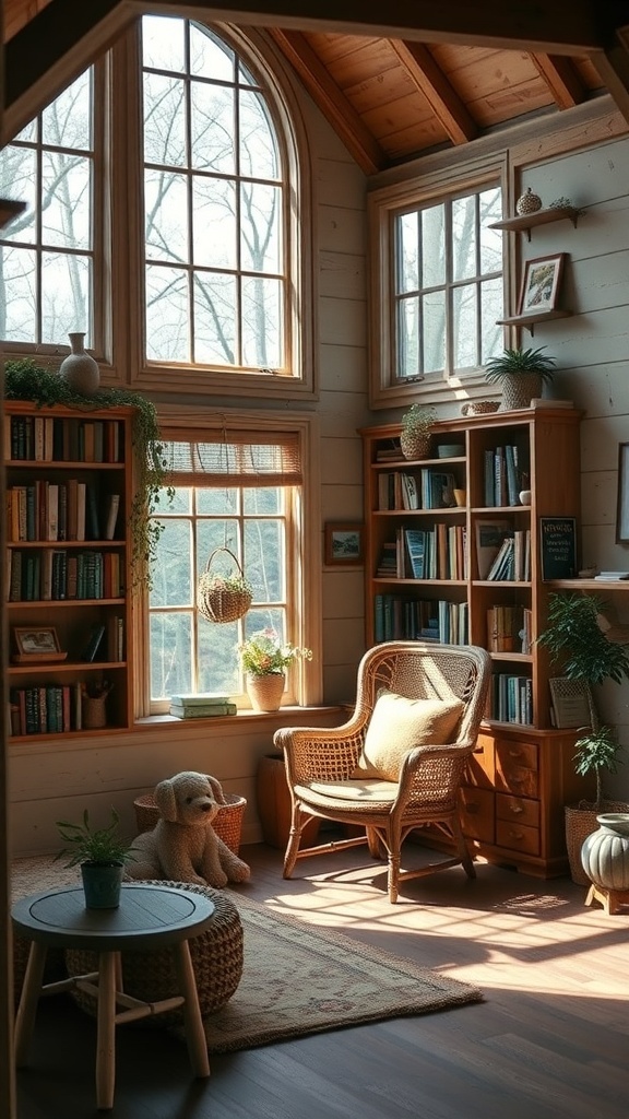 Cozy reading nook with large windows, wooden bookshelves, rattan chair, and plants